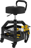 Rolling Shop Stool with Wheels, Heavy Duty Garage Work Mechanic Stool with Backrest, Adjustable Height 360°Swivel Rolling Chair with Tool Tray Storage, 330 LBS Capacity, Black