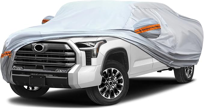KEYOOG Car Cover, Fit for 230"-260" Length Pickup Truck, 6-Layer All-Weather Waterproof, Universal in All Seasons, Snow Prevention, Rainproof, Acid Rainproof, Sunscreen, Orange Reflective Strip