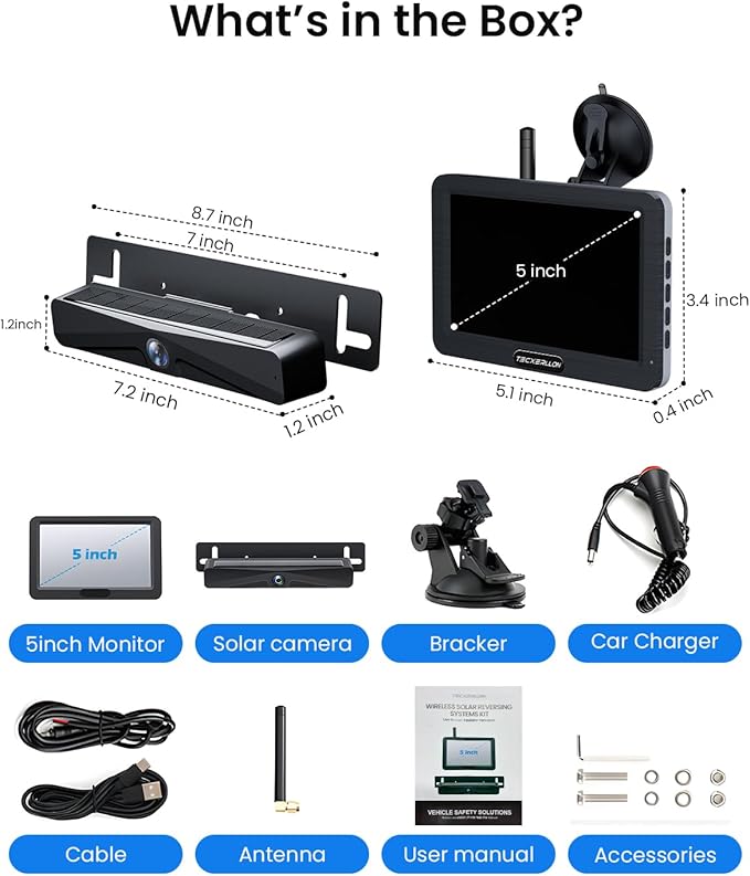 Backup Camera, Solar Wireless Backup Camera with 5" 1080P Monitor, Vehicle Backup Cameras with 5000mAh Solar Battery, IP69K Waterproof Rear View Camera for Car, Van, SUV, Truck, Trailer