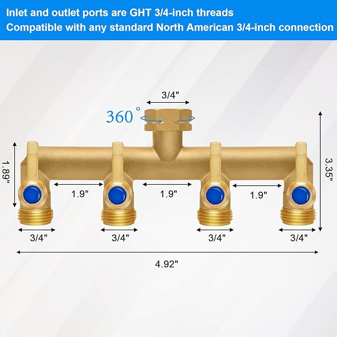 Brass Garden Hose Splitter, 4 Way Hose Splitter, Outdoor Hose Splitter, Outlet For Regulating And Shutting Off Water Flow