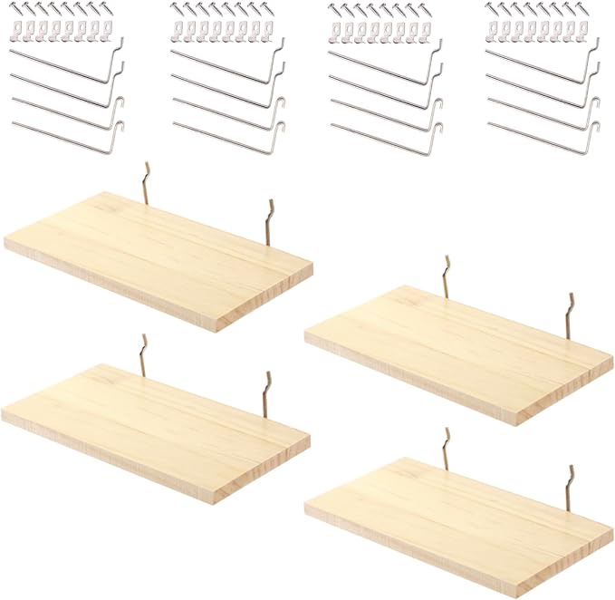 Shelves for PegBoard, Pine Wooden Pegboard Shelf Wall Organizer, Wooden Board for Walls Home, Garage Tool Storage, Office Organization, Kitchen, Craft Room,4 Pack