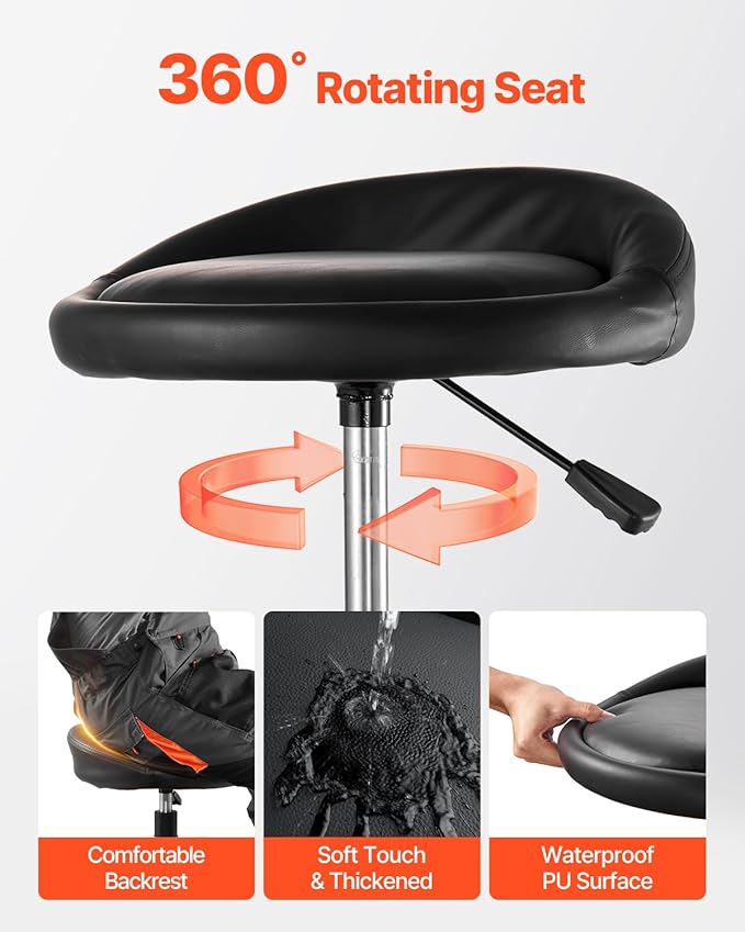 VEVOR Garage Stool, Rolling Mechanic Stool with Dual Storage Trays, Pneumatic Height 23.6–29.5 in, Soft Waterproof Cushion, 360° Swivel Casters for Garage, Shop & Auto Repair