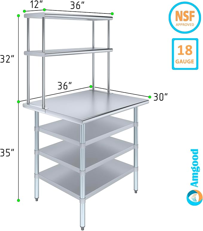Amgood 30" x 36" Stainless Steel Work Table with 3 Shelves and 12" Wide Double Tier Overshelf | Metal Kitchen Prep Table & Shelving Combo | NSF