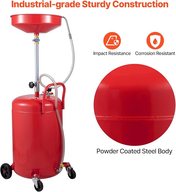 VEVOR 20-Gallon Waste Oil Drain Tank, Air Operated Portable Oil Drainer with Adjustable Funnel Height, Fluid Fuel Transfer Drainage with Wheels, Oil Change Container for Auto Repair Shops, Garages