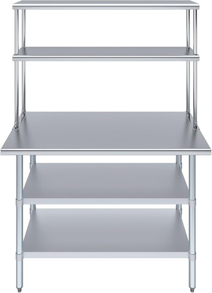 Amgood Stainless Steel Work Table with 2 Shelves | Metal Kitchen Prep Table & Shelving Combo (24" x 48" Table with 2 Shelves + 12" Overshelf)