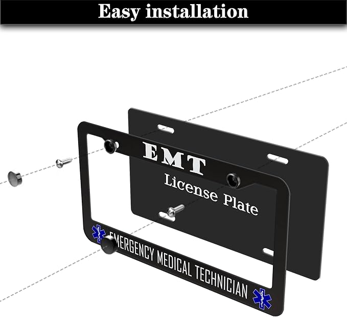 License Plate Bracket Black and White License Plate Frames EMT Emergency Medical Technician Aluminum Metal Car Accessory 2 Pack with Screw Covers Set
