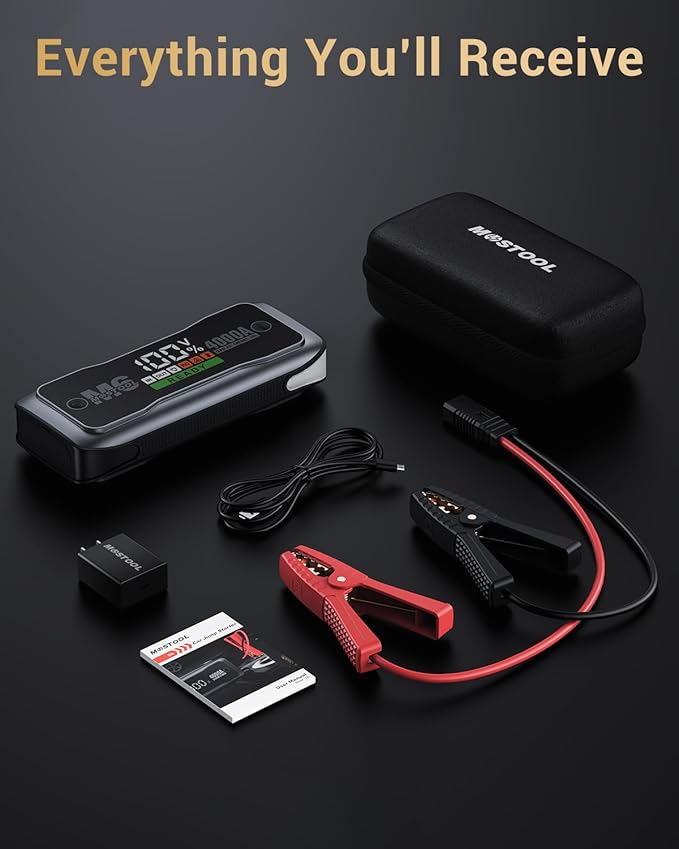 MOSTOOL M6 4000A Flagship Car Jump Starter, 12V Professional Battery Pack with Smart LCD, Heavy Duty Safety Clamps, 20000mAh Power Bank, 400-Lumen LED, Rugged Kit for All Gas & Up to 10.0L Diesel