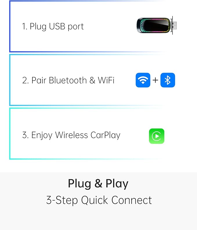 Apple CarPlay Wireless Adapter (2025 Upgrade) – Convert Wired CarPlay to Wireless, Stable Connection, RGB Ambient Lighting, Compatible with Wired CarPlay Cars & iPhone