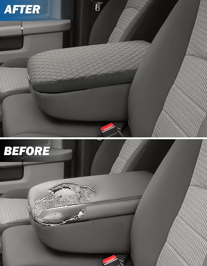 JOYTUTUS Center Console Cover Compatible with 2002-2012 Ram 1500 2500 3500 Jump Seat Console, Leather Arm Rest Armrest Cover for Car, Durable Middle Console Cover, Car Arm Rest Cover Replacement, Gray