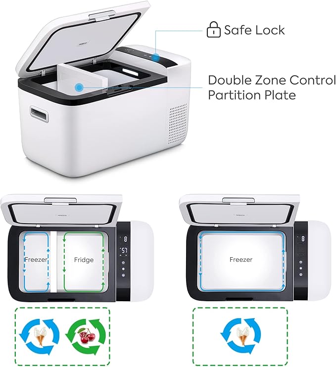 ICECO GO20 Dual Zone 12 Volt Refrigerator, 12V Car Refrigerator with Secop Compressor, Separate Control, DC & AC, 0℉ - 50℉, Portable Freezer Compressor Cooler for Outdoor, White, 21 Quart(20 Liter)