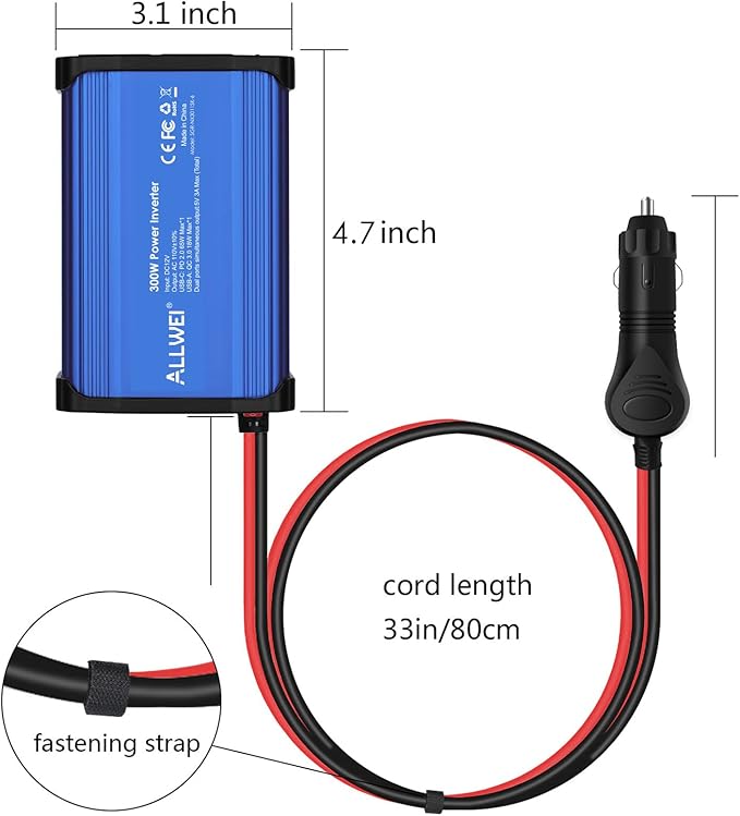 ALLWEI 300W Car Power Inverter DC 12V to 110V AC Power inverters for Vehicles Converter USB-C PD65W/18W USB Fast Charging Ports Car Charger Adapter (Blue)