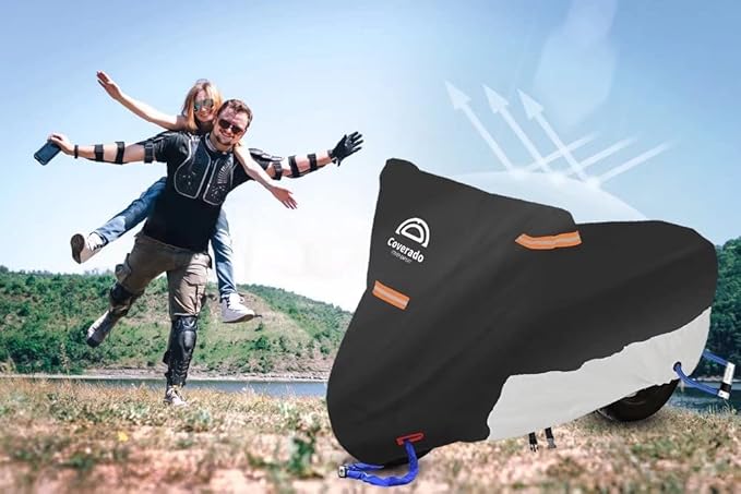 Motorcycle Cover Waterproof Outdoor, Coverado All Weather Protection Motorbike Cover with Lockholes and Night Reflector, Universal Fit for Harley Davidsion Yamaha Honda Suzuki etc (up to 111" Motors)