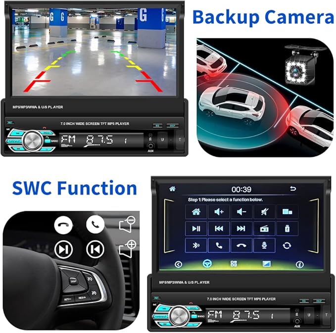 (Stable) Hikity Carplay Single Din Car Stereo, 7 Inch Flip Out Touch Screen Car Radio with Android Auto, Bluetooth, Mirror Link, Backup Camera, FM, USB, SWC, Voice Control Split Screen