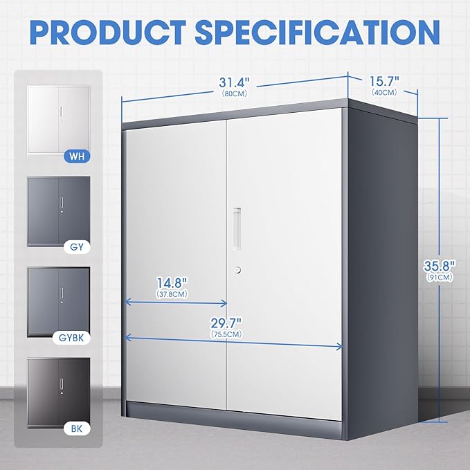 DNA MOTORING 36'' Metal Storage Cabinet, Locking Tool Cabinet with 2 Doors and 2 Adjustable Shelves, Heavy Duty Metal Locker for Garage,Office,Home,Gym, Gray White, TOOLS-00631-GY-WH-A