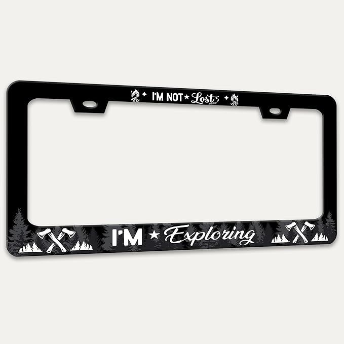 I'm Not Lost I'm Exploring License Plate Frame Adventure Forest License Plate Holders Funny Stainless Steel Auto Accessory Bracket 2 Hole with Screws Universal Us Car License Plate Frames 6x12 Inch