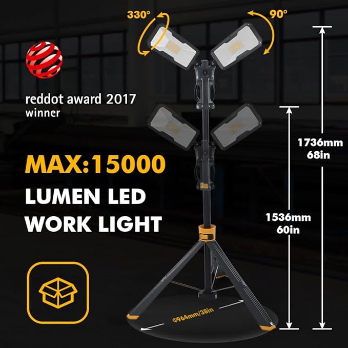 LUTEC 【Upgraded】 6290Max 15000 Lumen 138W Dimmable LED Work Light with Telescoping Tripod, Adjustable Color Temperature Dual-Head Work Light with Stand and 8 Ft 3-Prong Power Cord