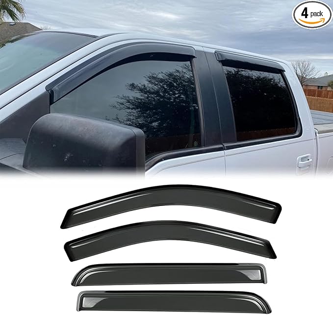 Side Window Visor Wind Deflector, 4pcs Out-Channel Tape-On Nice Rain Guards Set, Window Visor Compatible with Ford F-150 2004-2008 SuperCrew 2006-2008 Lincoln Mark LT SuperCrew Cab 94443