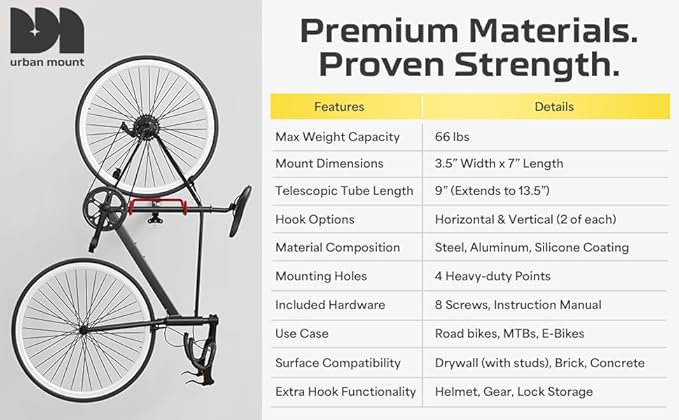 UrbanMount Wall Mount Bike Rack Garage - Mountain Bike Wall Mount Horizontal Vertical Design with 66lbs Cap, Screws, Installation Manual - Secure Road Cycling Holder Storage, Bicycle Hanger for Home