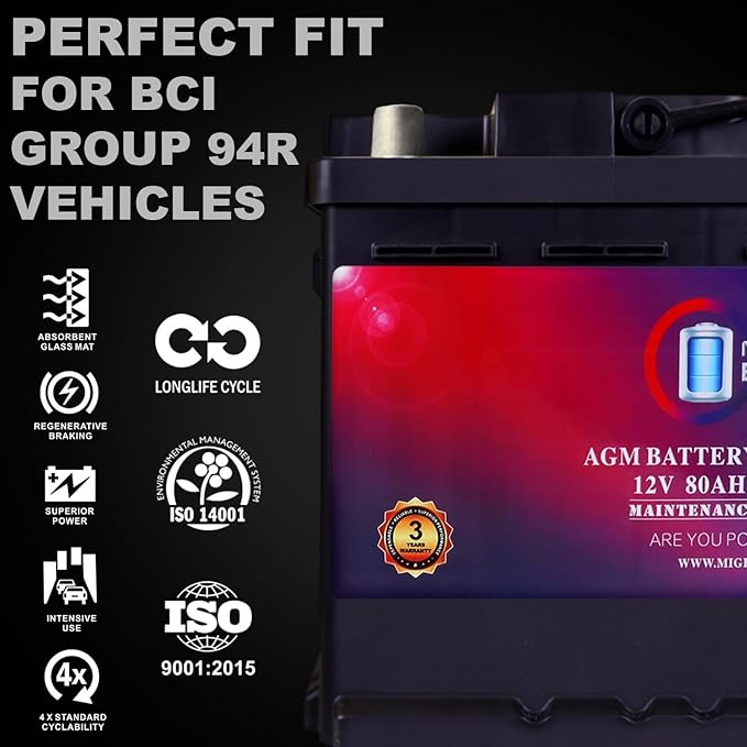Mighty Max Battery MM-H7 Start and Stop Car BCI Group Size 94R 12V 80AH, 140RC, 850 CCA Rechargeable AGM Car Battery