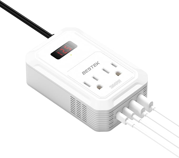 BESTEK 200W Car Power Inverter - DC 12V to 110V AC Converter with 2 USB-C(30W) and 2 USB-QC(18W) - Fast Car Charger Adapter with LCD Screen, Dual AC Adapter for Laptops