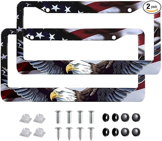 2Pack Universal Flag and Eagle License Plate Frame -Rustproof Aluminum Matte Black Car License Plate Frames