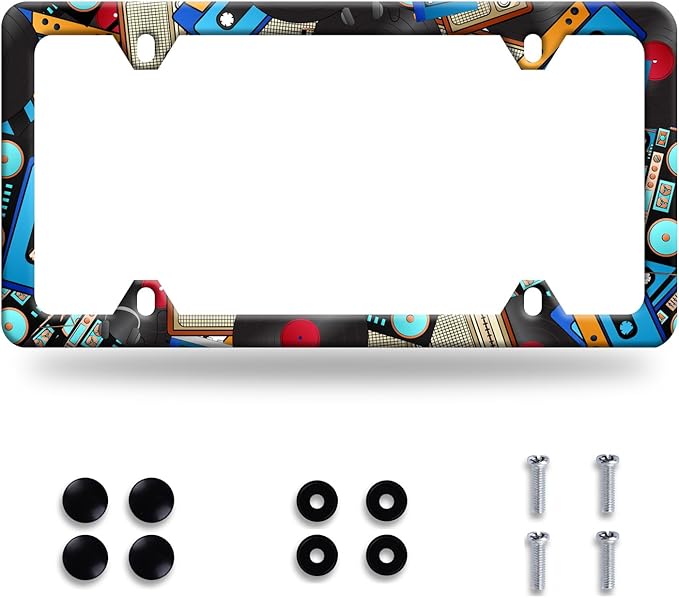 Music License Plate Frame Retro Music Cassettes License Plate Stainless Steel Funny License Plate Holder Men Women Colorful Music Car Accessory Decoration 12.3" x 6.3"