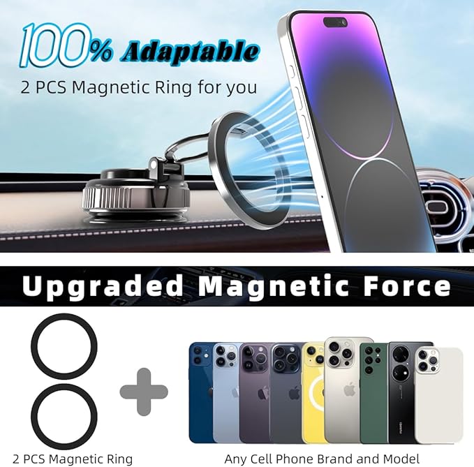 EnerCharge Magnetic Car Phone Holder, with 360° Adjustable & 3-Fold Extension, Upgraded Vacuum Suction Cup Cell Phone Mount for Car/Gym/Kitchen/Shower (Aluminum Alloy)