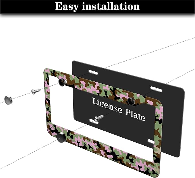 License Plate Protector Multicolor License Plate Frames Pink Camouflage Camo Aluminum Metal Car Accessory 2 Pack with Screw Covers Set