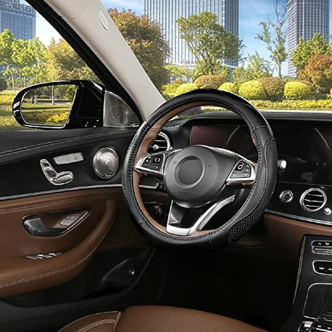 Leather Car Steering Wheel Cover 15 inch Universal Fit Microfiber Steering Wheel Cover Anti-Slip, Soft, Breathable, Full Surround Car Wheel Cover