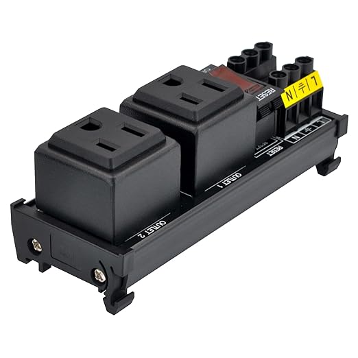 DIN Rail Mount AC 120V NEMA 5-15R Double Receptacles Outlet Power Strip Module, with Rocker Switch Thermal Circuit Breaker Overload Protector