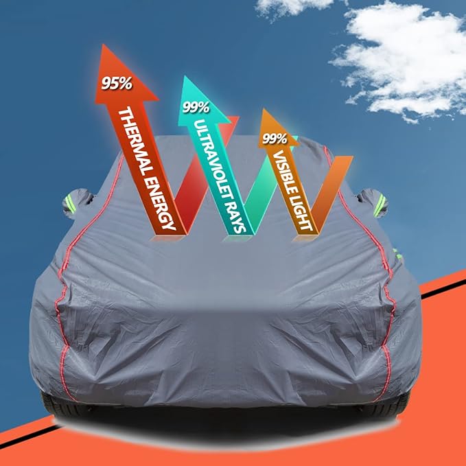 AUQDD 6-Layers PEVA New Material Sedan SUV Full Padded Car Cover Waterproof All Weather Weatherproof UV Sun Protection Snow Dust Storm Resistant Outdoor Exterior Custom Form-Fit Straps 205"-216" Gray