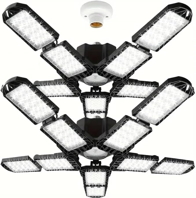 2 Packs LED Garage Light, Super Bright Screw in E26/E27 Ceiling Shop Work Lamp, 260W 26000 Lumen Deformable Basement Bulb Fixture with 10+1 Adjustable Panels, Lighting for Workshop, Attic