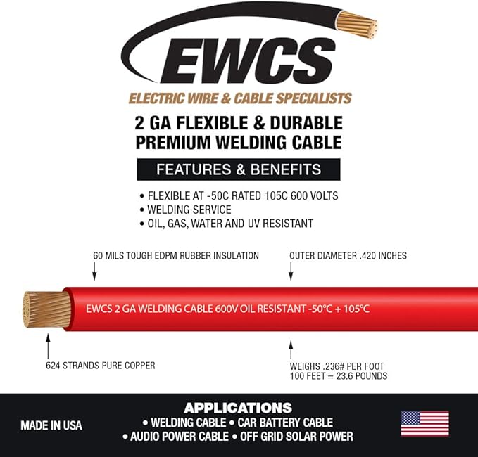 EWCS 2 Gauge Premium Extra Flexible Welding Cable 600 Volt - Red - 20 Feet - Made in The USA