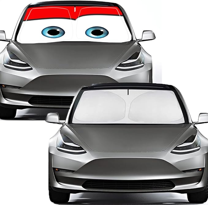 Gven Sunshade for Tesla Model Y Accessories 2025 Funny Eyes Windshield Sun Shade Car Front Window Shade for Tesla Model 3 Accesssories Dual-Sided Versatility (Red, for Tesla)
