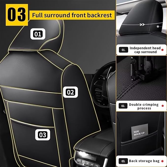 YORKNEIC Leather Car Seat Covers Fit for Hyundai Kona 2018-2025: 5 Seats Full Set Seat Covers - Waterproof Auto Seat Protector Compatible Airbag (Black)