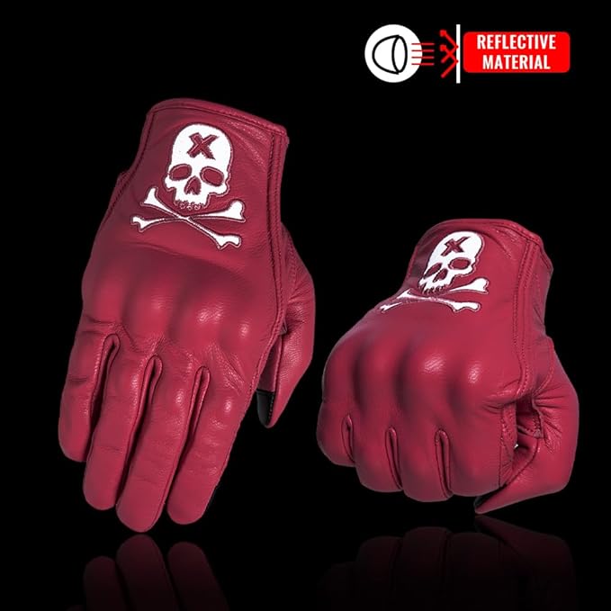 Goatskin Leather Motorcycle Motorbike Powersports Racing Gloves Reflective Skull Touchscreen for Men and Women Model