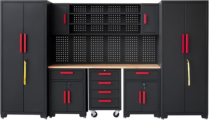 Garage Cabinet Storage System - 9-Piece Workshop Set w/Steel Cabinets & Workbench Includes Rolling Chest & Pegboard | Heavy-Duty Black & Red Tool Organization for Garage/Workshop
