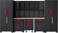 Garage Cabinet Storage System - 9-Piece Workshop Set w/Steel Cabinets & Workbench Includes Rolling Chest & Pegboard | Heavy-Duty Black & Red Tool Organization for Garage/Workshop