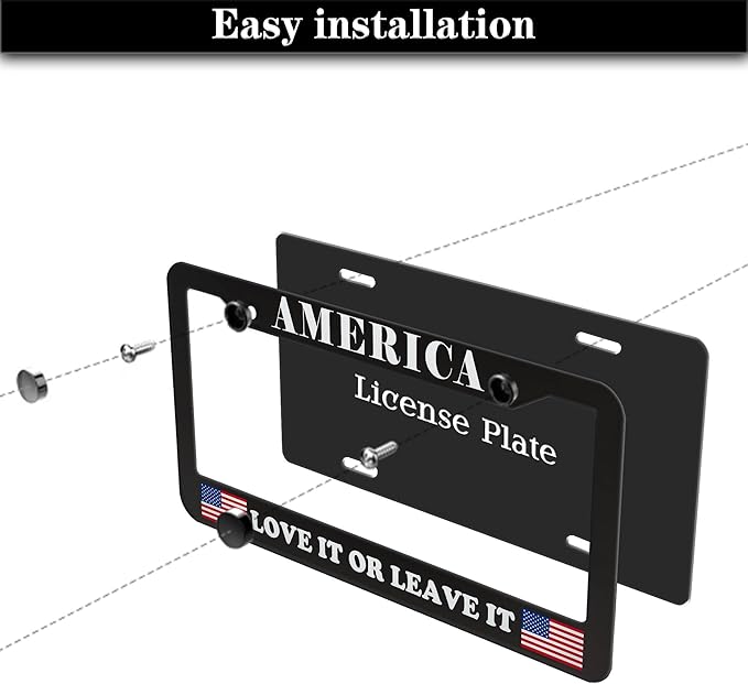 License Plate Frames Black and White License Plate Frame America Love It or Leave It USA Flag Aluminum Metal Car Accessory 2 Pack with Screw Covers Set
