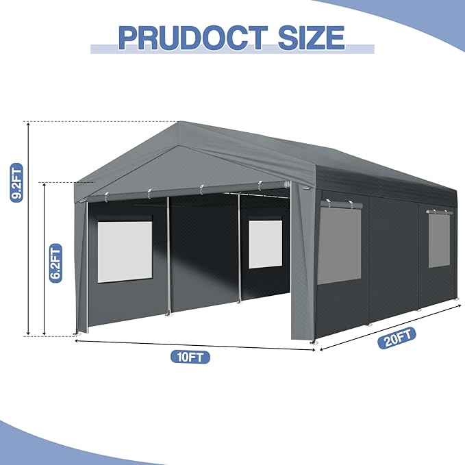 VINGLI 10x20 Carport Canopy Portable Garage with Roll-up Windows & Removable Sidewalls, Car Canopy Heavy Duty Car Tent for SUV, Boats, RVs, Trucks