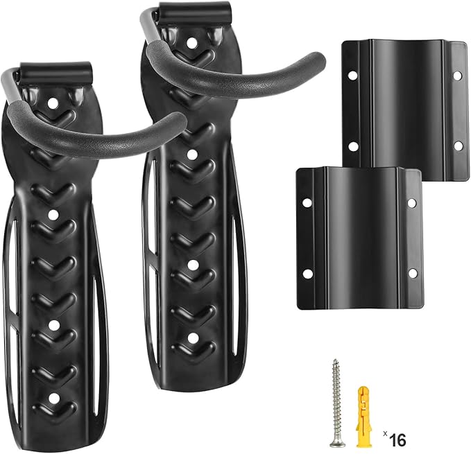 Todeco Bike Wall Mount Rack with Rear Tire Tray, Vertical Bike Hooks Storage Indoor Saving Space for Garage, Shed, Great for Hanging Road, Mountain or Hybrid Bikes,2-Pack