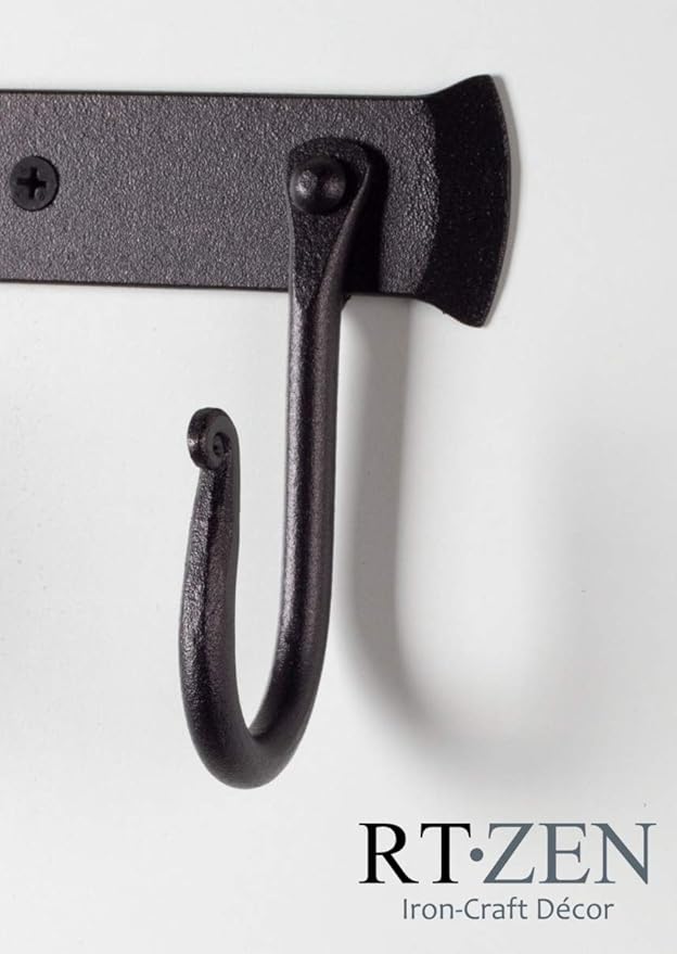 RTZEN Wall Mount Hook Set - Wrought Iron Decorative Rustic Metal Coat Hooks for Hanging - Handcrafted Classic Farmhouse Wall Mounted Black Hooks for Towel Robe or Hat Hanging - 3 Hook Rack