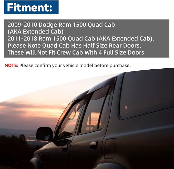Set of 4 Front+Rear Smoke Sun/Rain Guard Outside Mount Tape-On Acrylic Window Visors Compatible with 09-18 Ram 1500 Quad/Extended Cab with Half Size Rear Doors + Full Size Front Doors