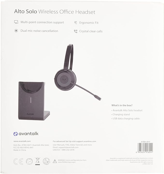 Alto Solo - Wireless Headset with Mic for Work with Qualcomm Bluetooth Solution, CVC Noise-Canceling for PC, Computer & Laptop, Charging Stand, Mute Button, Wired Headphones Option
