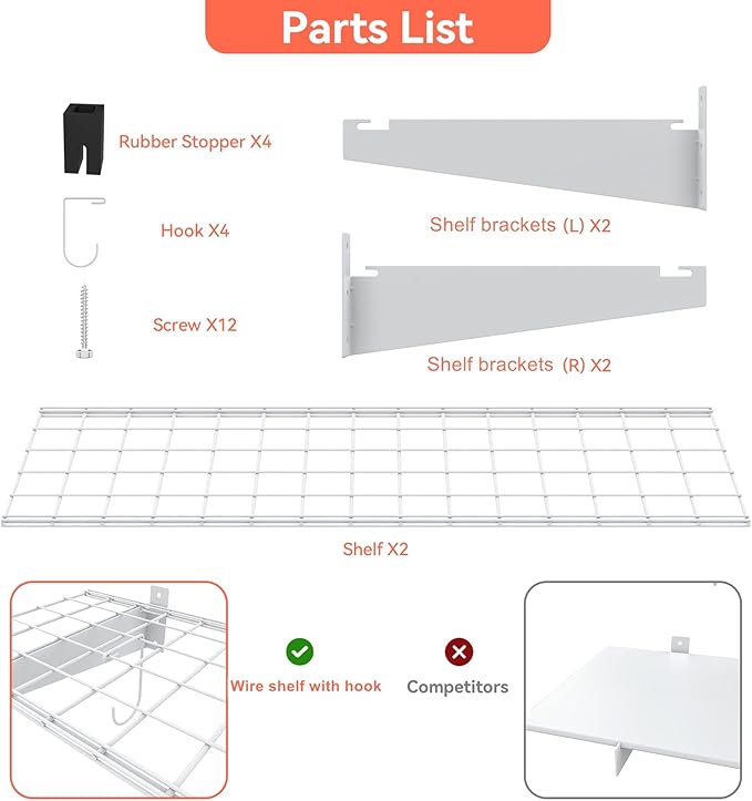 TORACK 2 Pack Garage Storage Wall Shelves, 15" x 45" Wall Mounted Wire Shelves for Garage Storage Heavy Duty Garage Wall Shelving(Pack of 2, White)