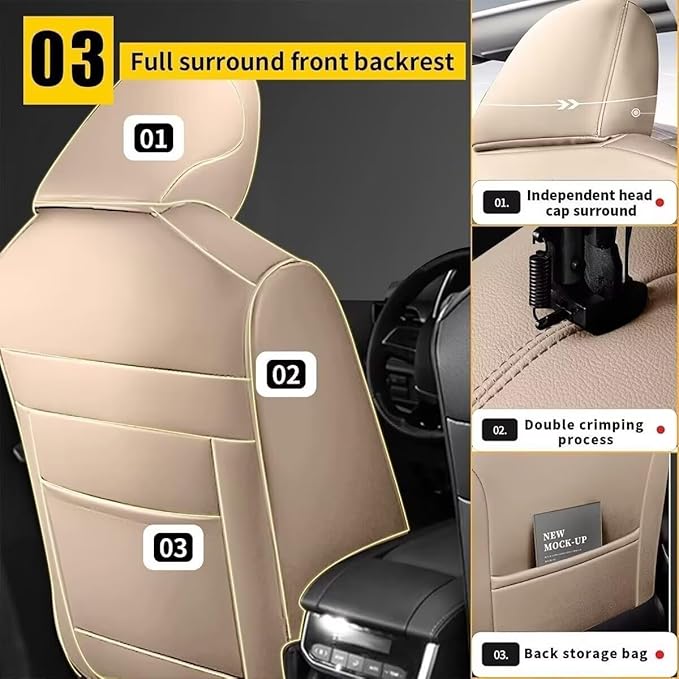 YORKNEIC Leather Car Seat Covers Fit for Hyundai Kona 2018-2025: 5 Seats Full Set Seat Covers - Waterproof Auto Seat Protector Compatible Airbag (Beige)