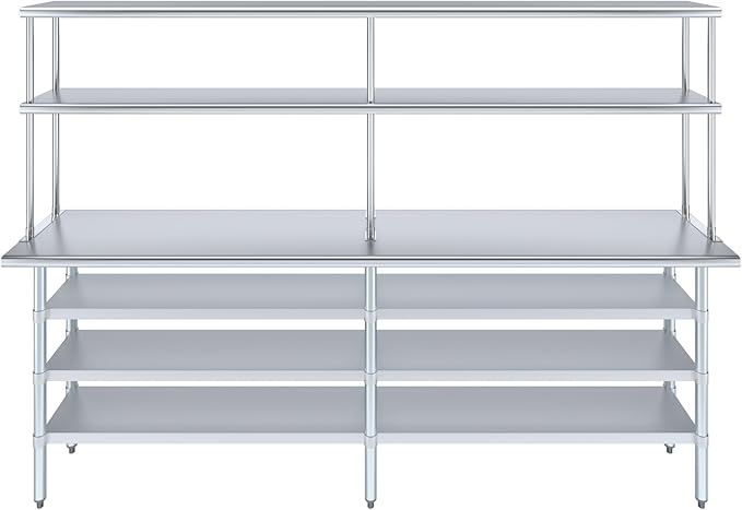 Amgood 18" x 96" Stainless Steel Work Table with 3 Shelves and 12" Wide Double Tier Overshelf | Metal Kitchen Prep Table & Shelving Combo | NSF