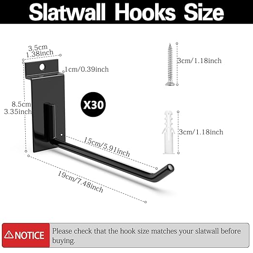 3-H Slatwall Accessories 30 Pack, 6 Inch Slatwall Hooks & Hangers, Heavy Duty Slat Wall Hanging Hooks, Proslat Accessories for Shop Retail Display