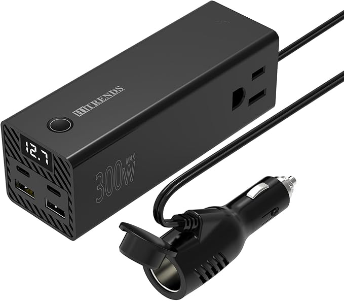 HITRENDS 300W Car Power Inverter Dual DC 12V to 110V AC Car Power inverters with PD 36W USB-C & 24W USB-A, Car Plug Converter with Switch and Current LCD Screen