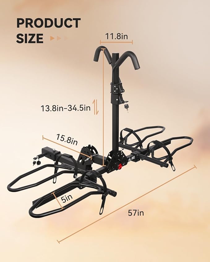 Bike Rack Hitch with Lock, 2 Bike Rack for Car SUV RV Camper Truck Trailer, Hitch Bike Rack for Fat Tire, Mountain Bikes, EBikes and EMTB, 180 lbs Capacity Bike Carrier for 2" Receiver